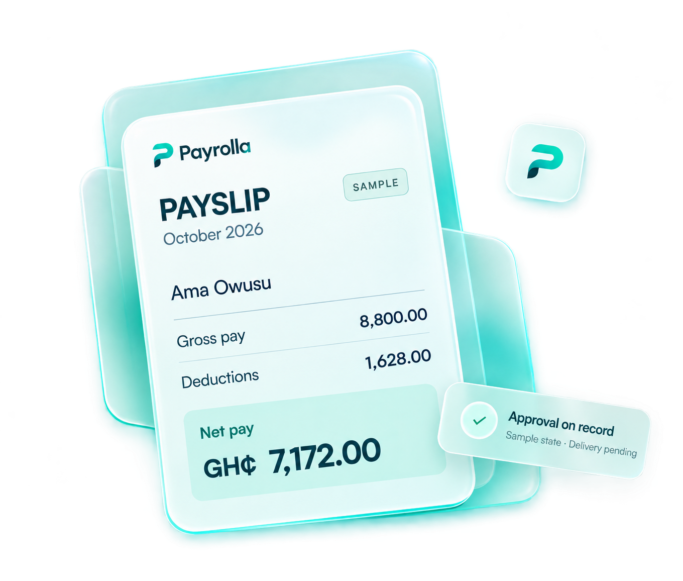 A frosted glass sample payslip with layered sheets and an approval record.